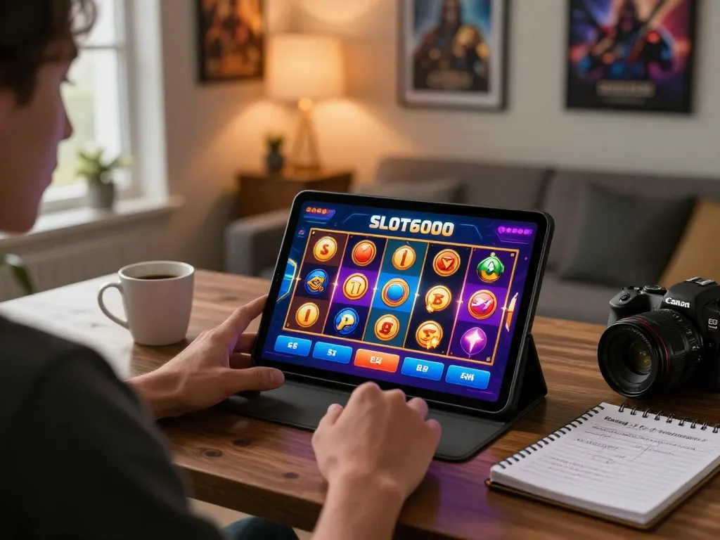 Engaging in slot6000 gameplay on a tablet, showcasing vibrant reels and strategic notes.