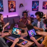Engaged players enjoying a sex simulator game on various devices in a cozy gaming room.