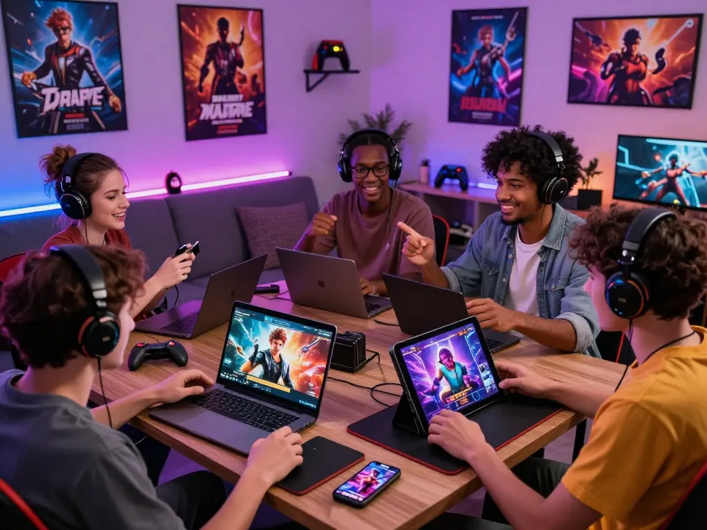 Engaged players enjoying a sex simulator game on various devices in a cozy gaming room.