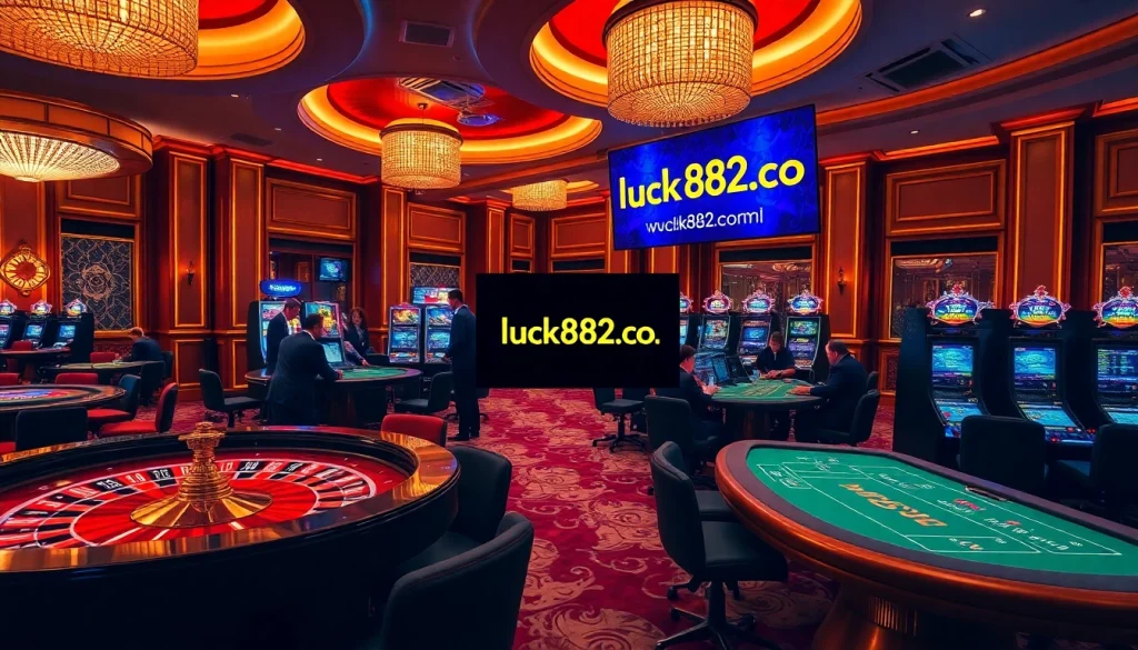 The immersive gaming experience at https://luck882.co.com/ showcases a thrilling casino scene with vibrant tables and players enjoying high-stakes games.