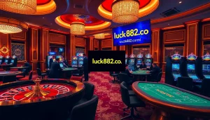 The immersive gaming experience at https://luck882.co.com/ showcases a thrilling casino scene with vibrant tables and players enjoying high-stakes games.