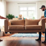 Movers efficiently handling furniture during provincial moving in a bright urban environment.