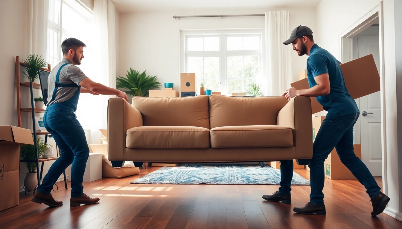 Movers efficiently handling furniture during provincial moving in a bright urban environment.