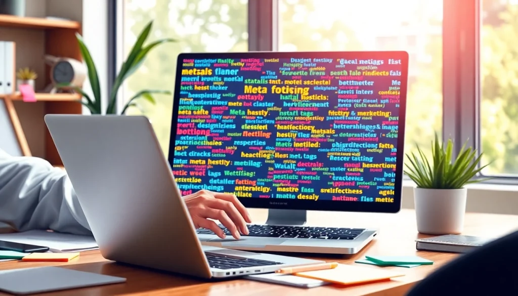 Analyzing meta tags in a bright workspace with a laptop and colorful notes.