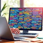 Analyzing meta tags in a bright workspace with a laptop and colorful notes.