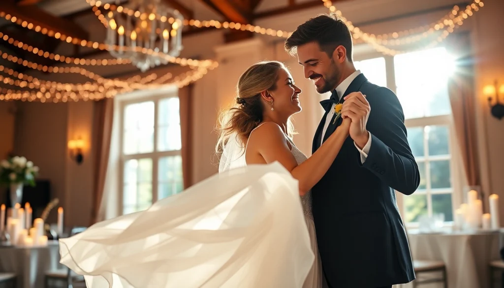 Wedding photographer captures a romantic first dance between a bride and groom in soft lighting.