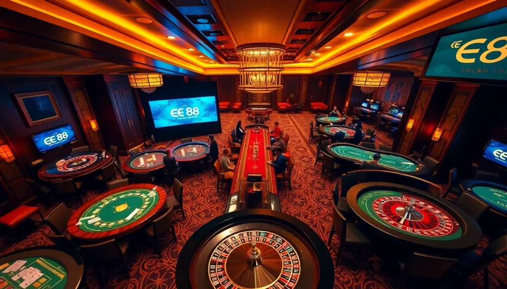 Players engaged in strategic gambling at EE 88 casino, showcasing vibrant gaming tables and luxurious atmosphere.