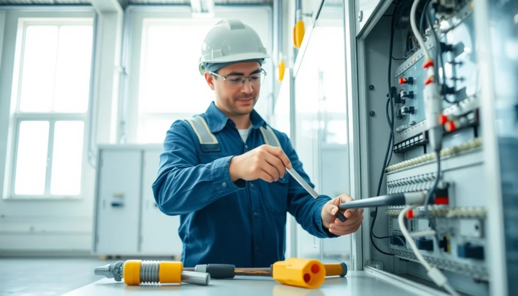 Electrical maintenance technician performing a detailed inspection of electrical panels.