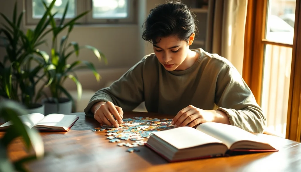 Engaging in games to play by yourself, a person solves a captivating puzzle at a cozy table.