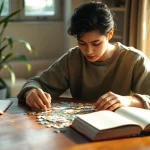 Engaging in games to play by yourself, a person solves a captivating puzzle at a cozy table.