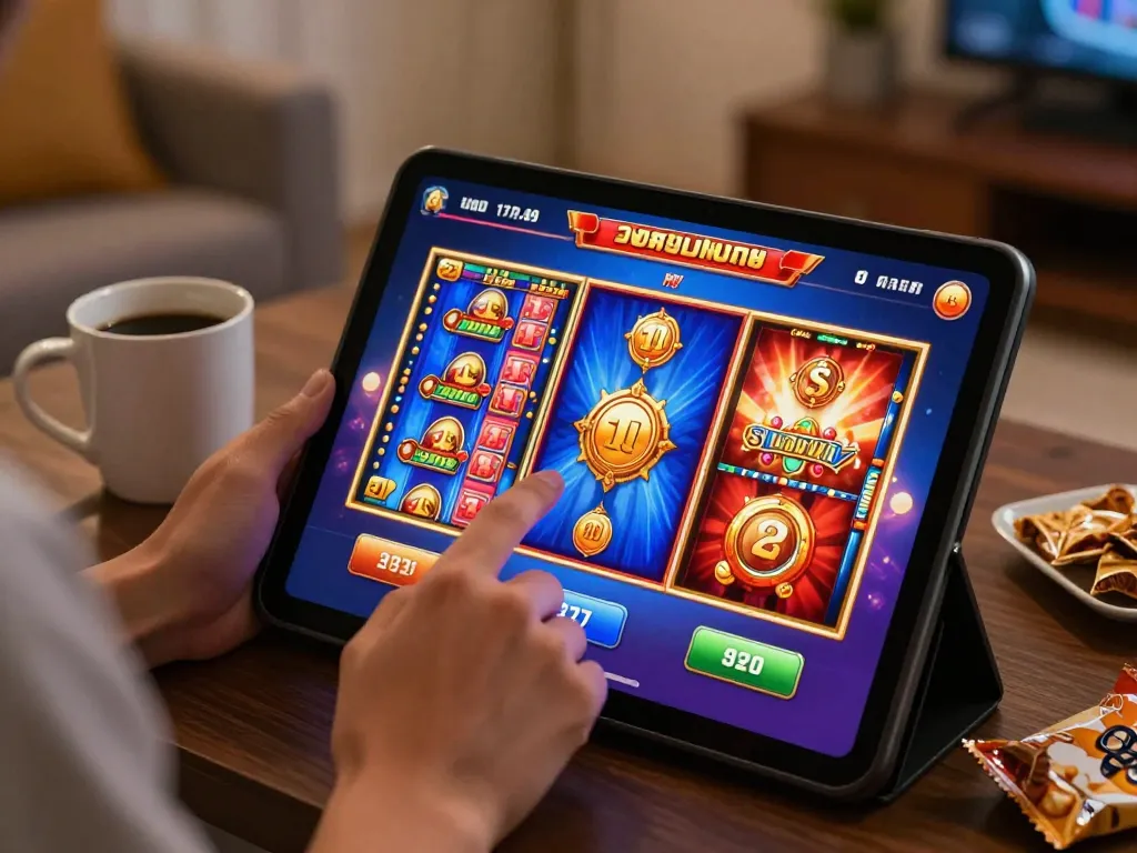 Engaging with สล็อต games on a tablet in a cozy home environment, showcasing vibrant graphics and interactive features.