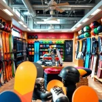 Browse gear at a vibrant snowboard store showcasing diverse selections and vibrant displays.