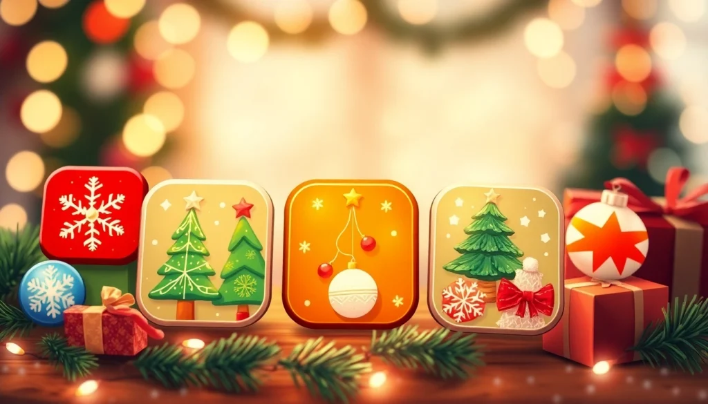 Vibrant christmas app icons showcasing holiday themes like trees and ornaments.