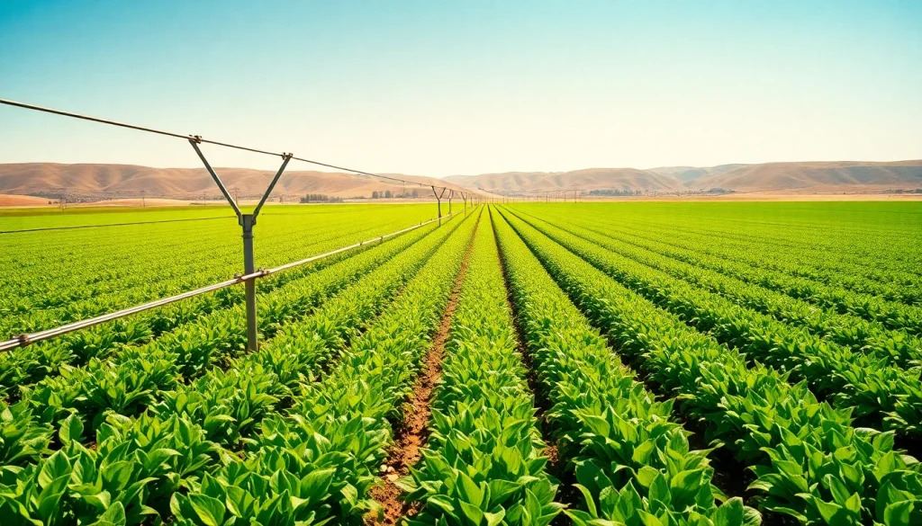 Illustration of land irrigation systems enhancing crop growth in a lush agricultural setting.