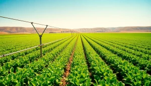 Illustration of land irrigation systems enhancing crop growth in a lush agricultural setting.