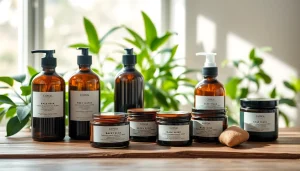 Upotreba prirodne kozmetike uz proizvode na drvenom stolu i biljkama u pozadini.