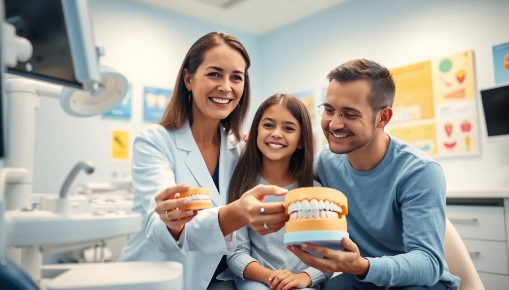 Engaging level orthodontics consultation with a friendly orthodontist guiding a child.