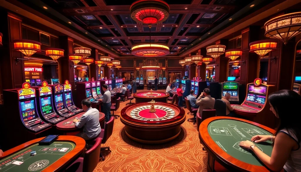 Engaged players at CM88 casino tables with vibrant games and luxurious atmosphere.