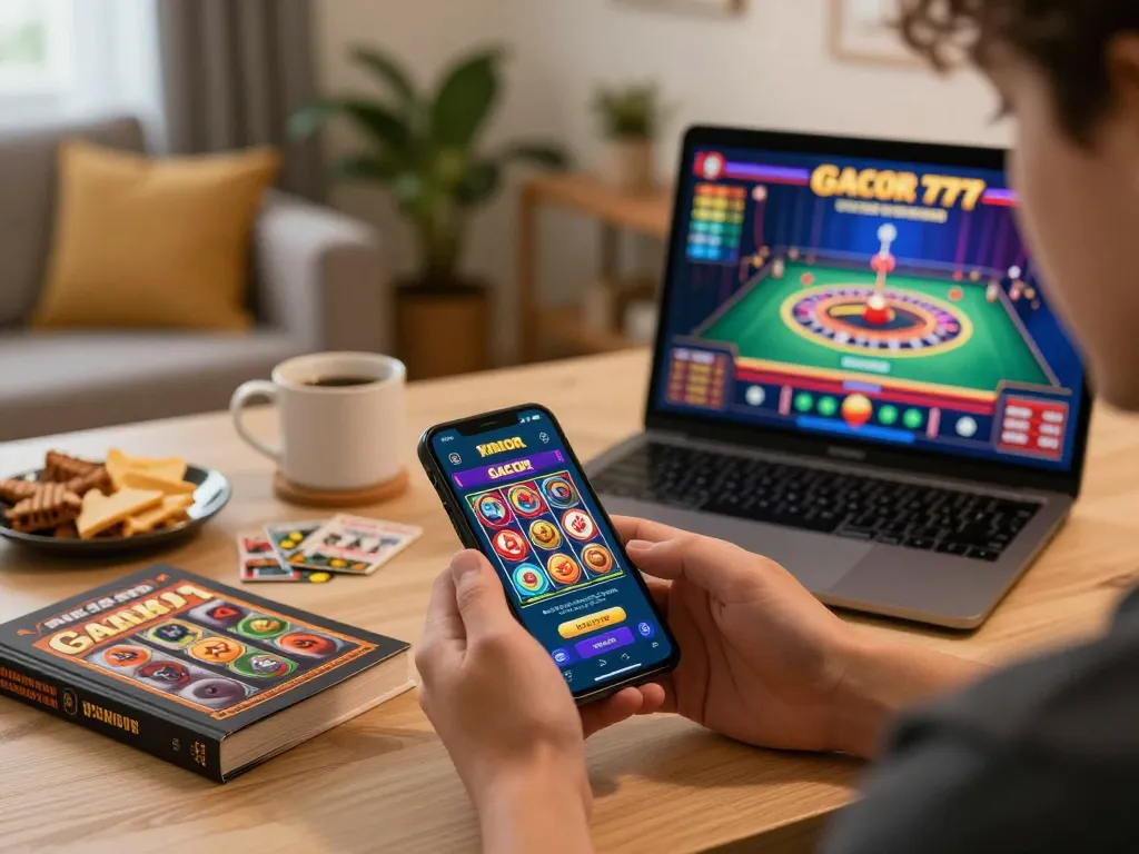 Player enjoying slot gacor 777 on mobile, surrounded by gaming strategy books in cozy workspace