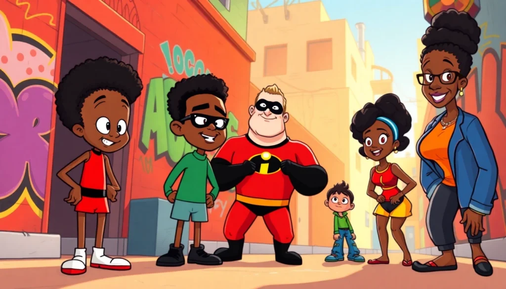 A vibrant illustration of iconic African American cartoons, showcasing characters like Huey and Riley from 'The Boondocks', emphasizing diversity and creativity.