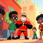 A vibrant illustration of iconic African American cartoons, showcasing characters like Huey and Riley from 'The Boondocks', emphasizing diversity and creativity.