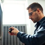 Technician inspecting an American Standard HVAC system for optimal performance.