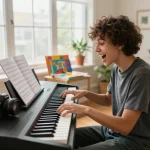 Person joyfully playing the go 88 digital piano in a bright home setting.