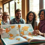People engaged in planning their round the world holidays over coffee, showcasing excitement.