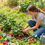 Shop for aardbeienplanten kopen in a vibrant garden scene showcasing fresh strawberry plants being nurtured by a gardener.