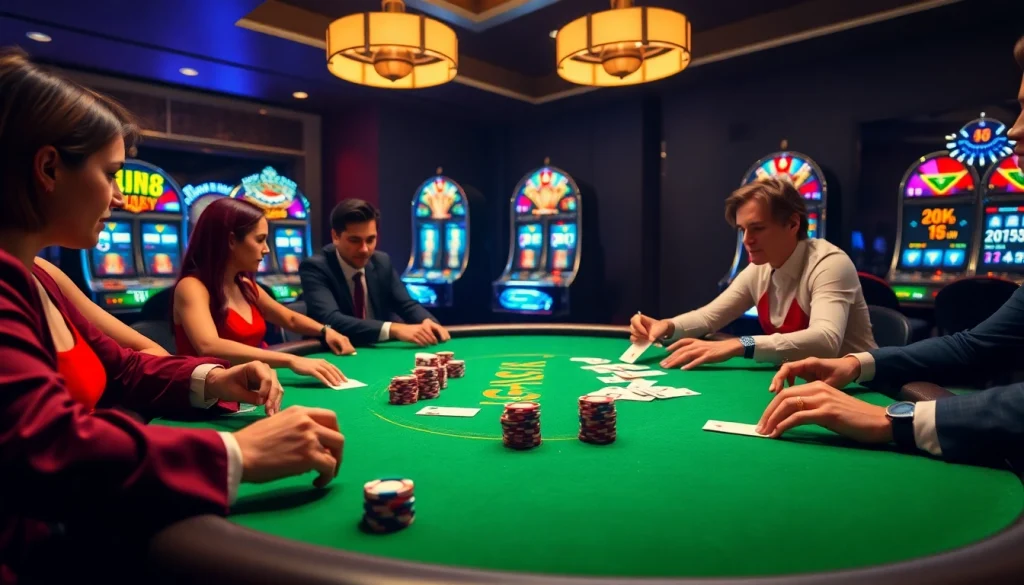 LUCK8 players enjoying a high-stakes poker game surrounded by vibrant casino elements.