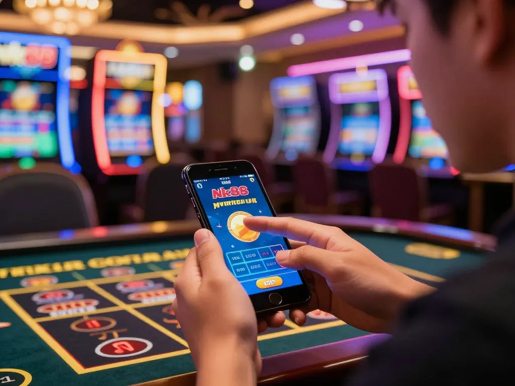 Player using Nk88 app for live betting, highlighting excitement and engagement in online gambling.