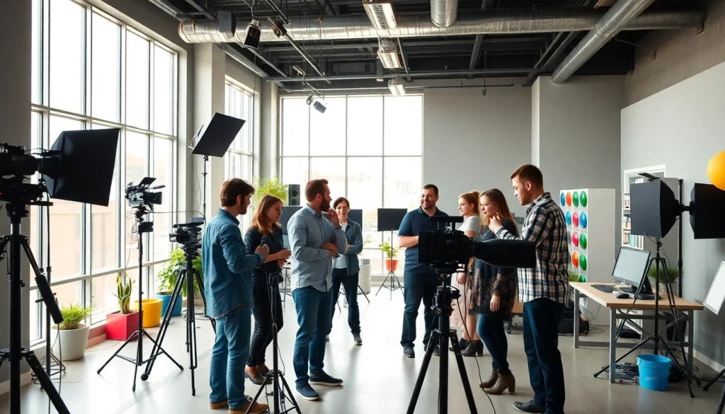 Team collaborating in professional video production Edmonton, showcasing creativity and teamwork.