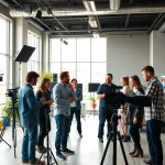 Team collaborating in professional video production Edmonton, showcasing creativity and teamwork.