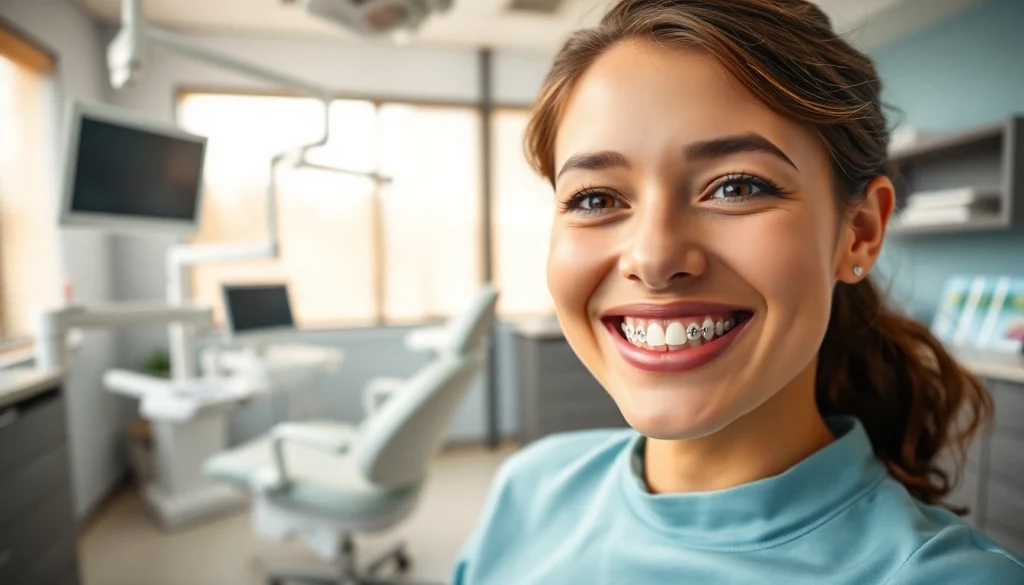 Adult braces Hawthorn showcased on a smiling patient in a modern orthodontic office.
