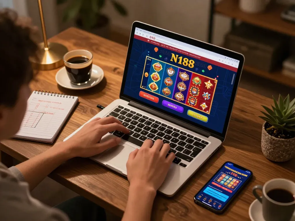 N188 casino online setup with laptop displaying poker games, showcasing a cozy gaming atmosphere
