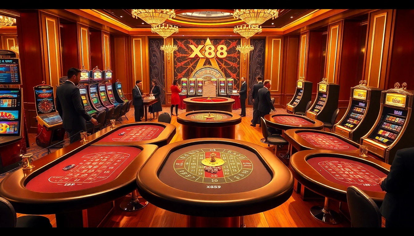 X88 casino gaming scene with vibrant tables, players, and luxurious ambiance.