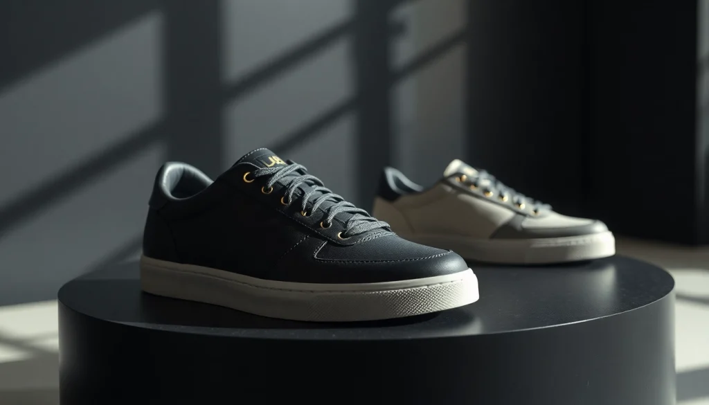레플리카 신발을 부드러운 조명 아래 고급스러운 배경에서 강조합니다.