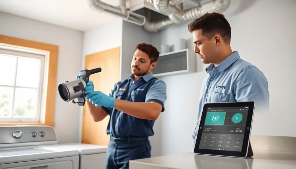 Dryer Vent Repair service in action by a certified technician in a clean laundry room.