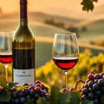 Savor Clarksburg wine tasting with beautifully arranged glasses and lush vineyard background at sunset.