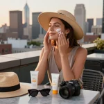 Stylish individual applying face SPF on a rooftop, emphasizing skincare and luxury.