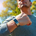 Engaged individual showcasing the Ringconn fitness tracker during outdoor exercise.