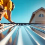 Install high-quality metal roofing panels on a modern suburban home under bright sunlight.