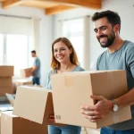 Long distance movers helping a family pack boxes in a bright living room, ensuring a smooth relocation.