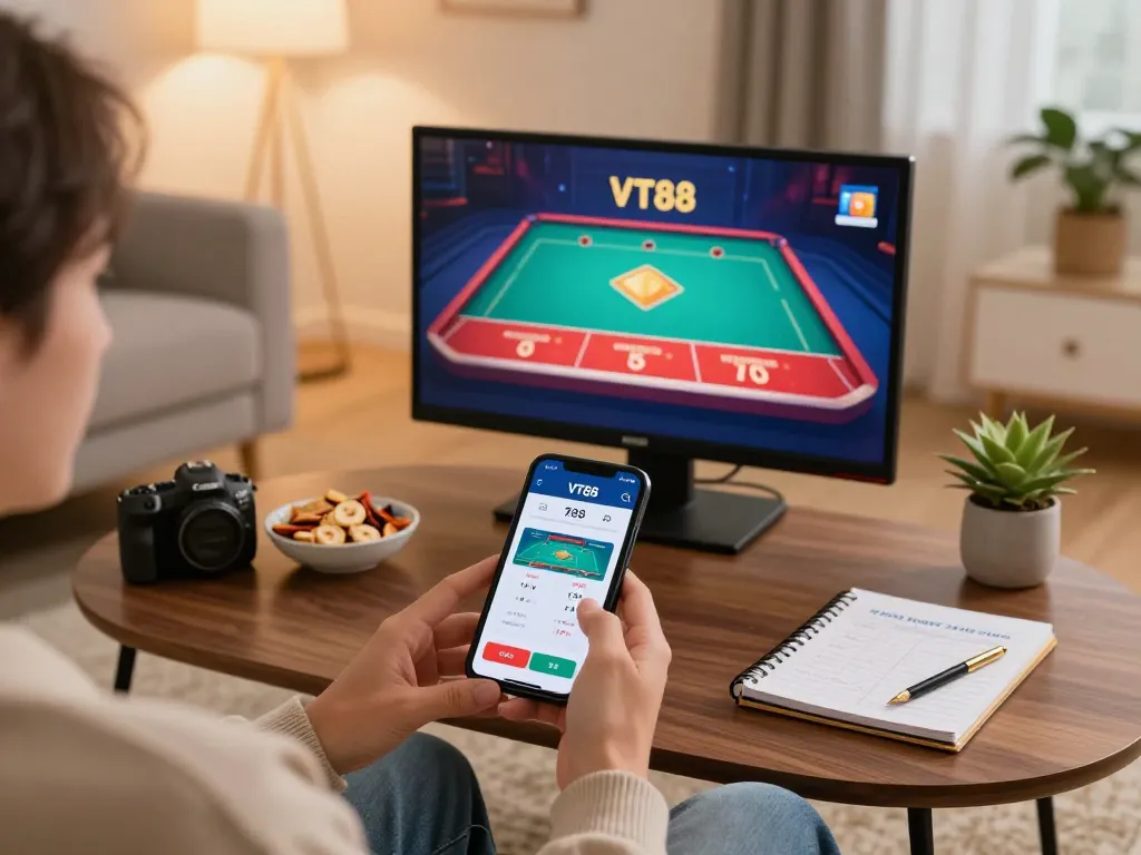 Engaging with the VT88 app for a live dealer game in a cozy home atmosphere.