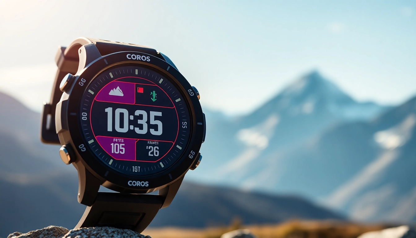 Engage in peak performance tracking with the Coros smartwatch on a mountain backdrop.