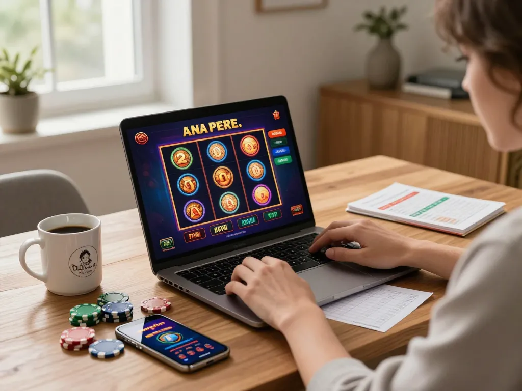 Engaging online casinos Canada gaming scene with a player focused on slot machine action via laptop
