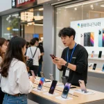 활기찬 소매점에서 폰테크 나라 스마트폰 서비스를 보여주는 매력적인 도시 풍경