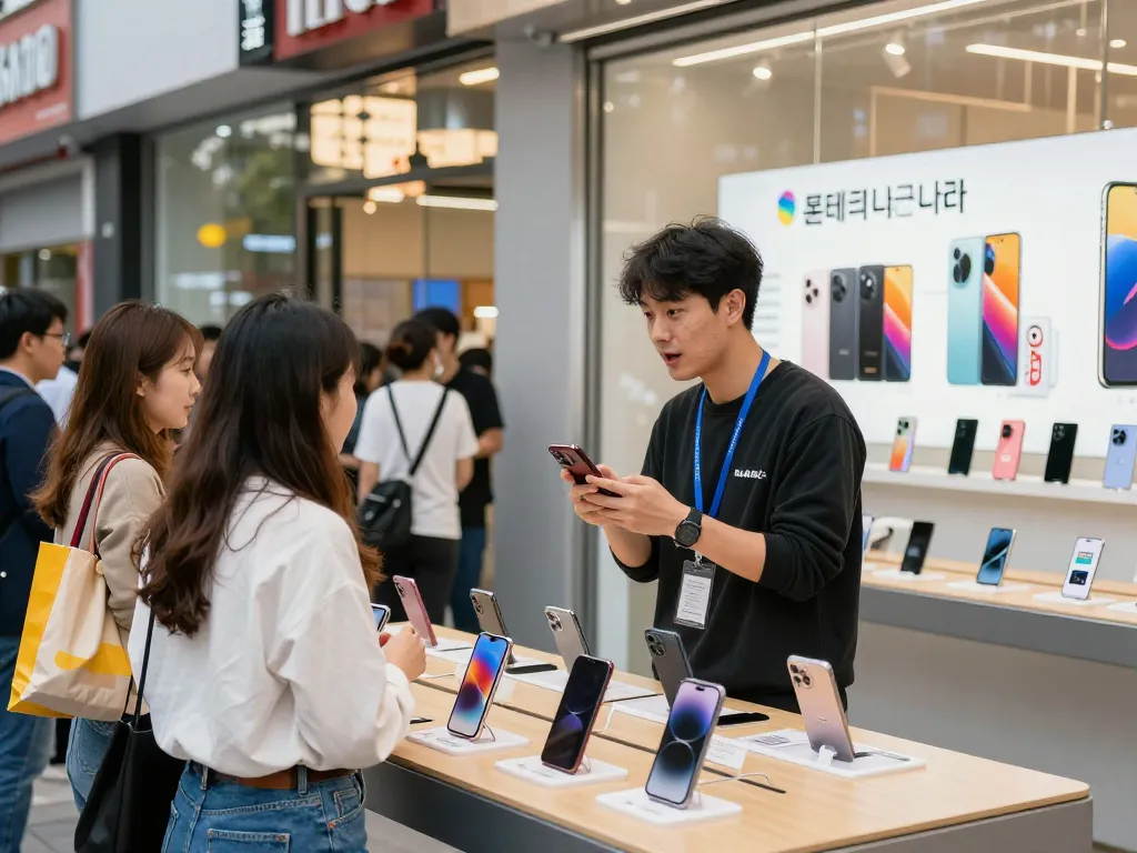 활기찬 소매점에서 폰테크 나라 스마트폰 서비스를 보여주는 매력적인 도시 풍경