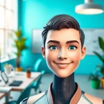 Engaging AI avatar in a vibrant digital workspace showcasing creativity and technology.