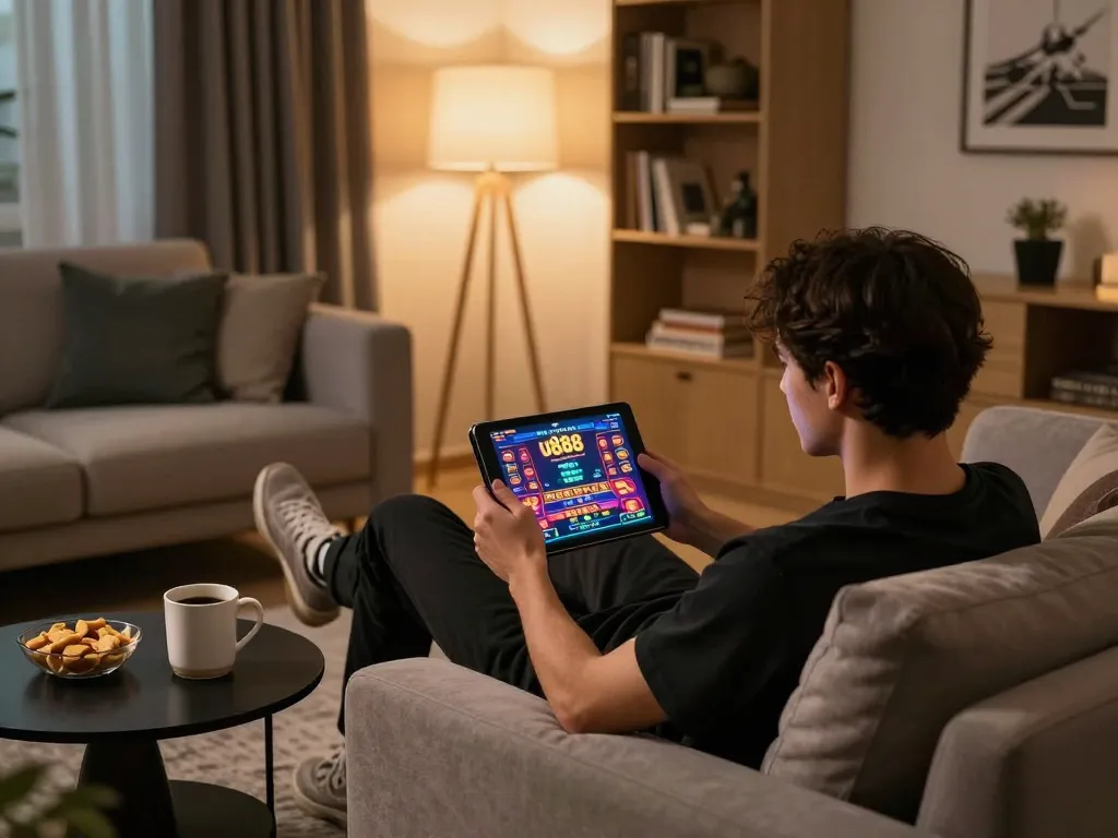 Player enjoying u888 online casino gaming on a tablet in a cozy home setting with snacks and warm lighting.